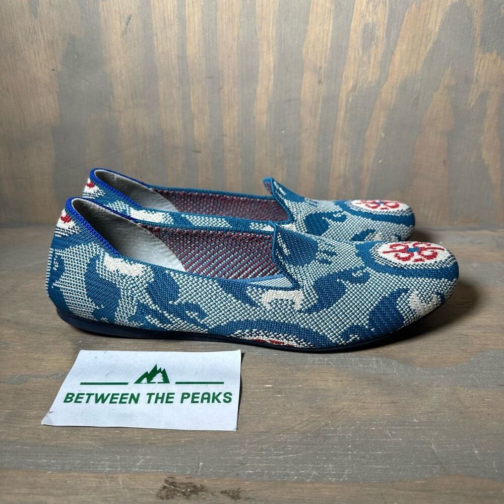 Rothy's Blue and White Patterned Loafers with Red Accent